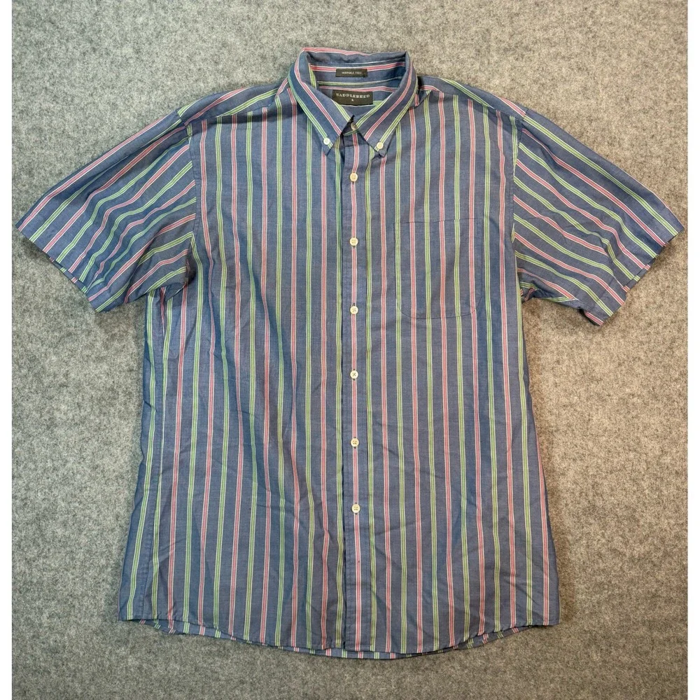 Saddlebred Mens Blue Striped Short Sleeve Button Down‎ Wrinkle Free Shirt XL